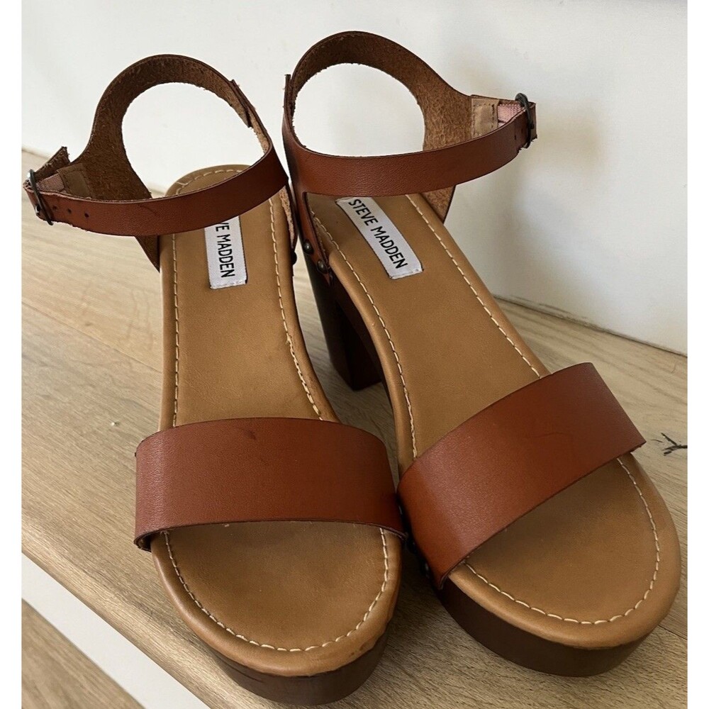 Steve Madden Luna Platform Wooden Clog Ankle Strap Heeled Sandals Size 9 Brown - Picture 1 of 12